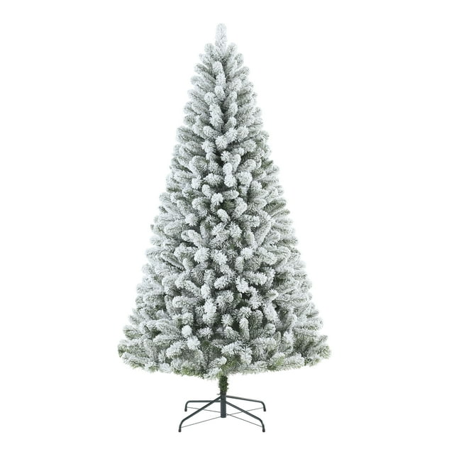 6.5-foot pre-lit artificial Frisco Pine Christmas tree with green branches heavily flocked to resemble snow, standing on a black metal base.