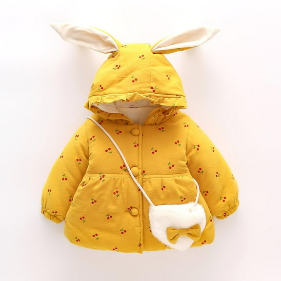 EINCcm Winter Hooded Cotton Coat with Heart Shaped Pocket Cute Ears for Toddler Baby Girls, Thicken Warm Outerwear with Bag, Hooded Jacket Snowsuits Yellow 12-18 Months