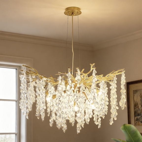 YANSUN 31.5 in 10-Light Crystal Chandelier with Adjustable Hanging Height, Champagne Gold Finish, Branch Design for Dining Room Living Room, Luxurious Glamour
