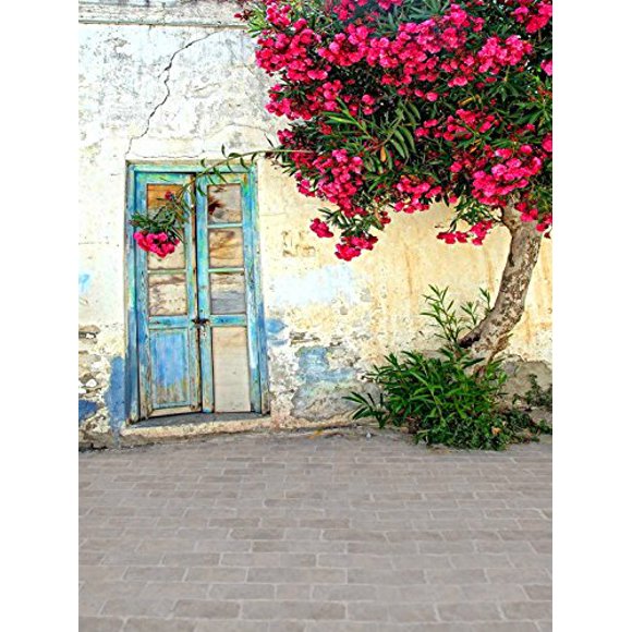 YUSDECOR 5x7ft Red Flowers Tree Background 5x7ft Blue Broken Wood Door Backdrop for Wedding Photography