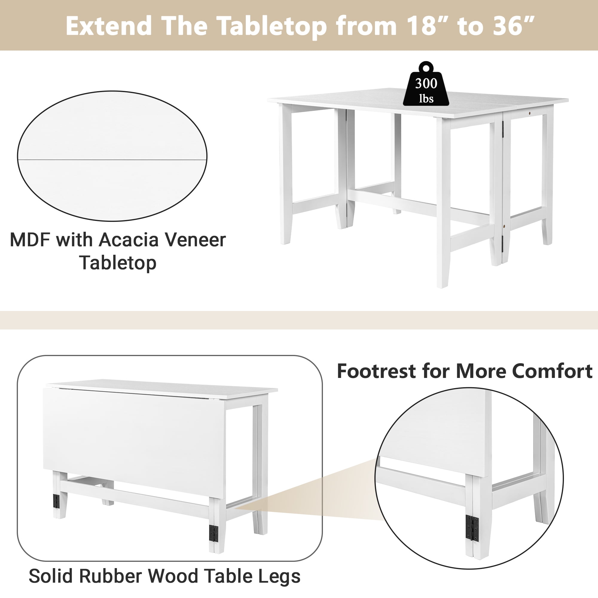 Aukfa Modern Solid Wood Extendable Dining Table with Drop Leaf for Small Space, White