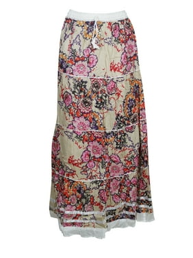 Mogul Women's Maxi Skirt Floral Print Cotton A-Line Gypsy Boho Chic Comfy Summer Beach Long Skirts