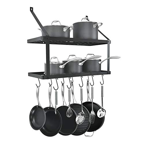 Homelifairy Wall Mounted Double Pot Shelf Rack Pan With 10 And Hanging Hooks For Home Kitchen Restaurant Com - Wall Mount Bookshelf Pot Rack