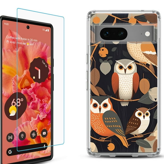 OneToughShield ® for Google Pixel 7a Shockproof Bumper Phone Case, with Tempered Glass Screen Protector - Owl Mix