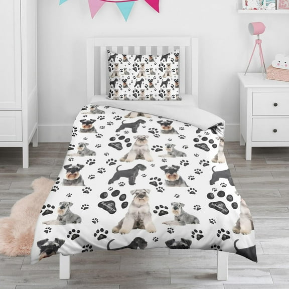 Schnauzer Dogs with Paw Duvet Cover and Pillowcase Set for Single Bedding, Bedroom Accessories for Kids Teens