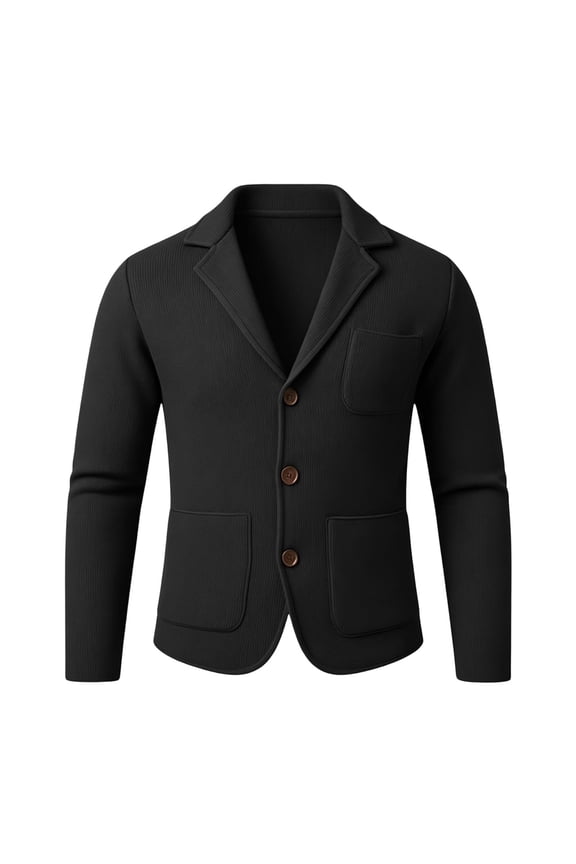 Mens Fall Winter Casual Knit Blazer Suit Jacket, Multi Patch Pockets Slim Business Leisure Notched Lapel Collar Cardigan Sweater Size 3XL Black