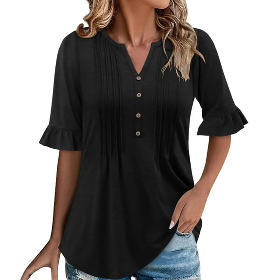 Olyvenn Womens Puff Half Sleeve Summer Tunic Tops Casual Chest Pleated Shirts V Neck Tee Casual Loose Fit Work Blouse Black XL