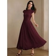 thumbnail image 4 of Womens Elegant Burgundy Cap Sleeve High Neck A-Line Long Pleated Maxi Dress, 4 of 6