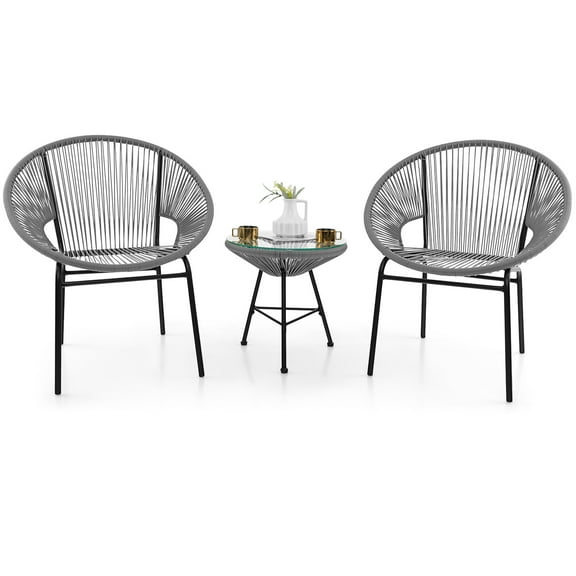 Gymax 3 Pieces Acapulco Chair Set Wicker Conversation Bistro Set w/ Tempered Glass Table