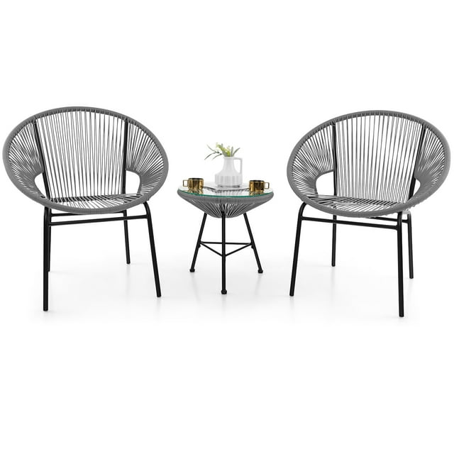 Gymax Ensemble de 3 Pcs Chaise Acapulco Ensemble Bistro de Conversation en Osier avec Table en Verre Trempé