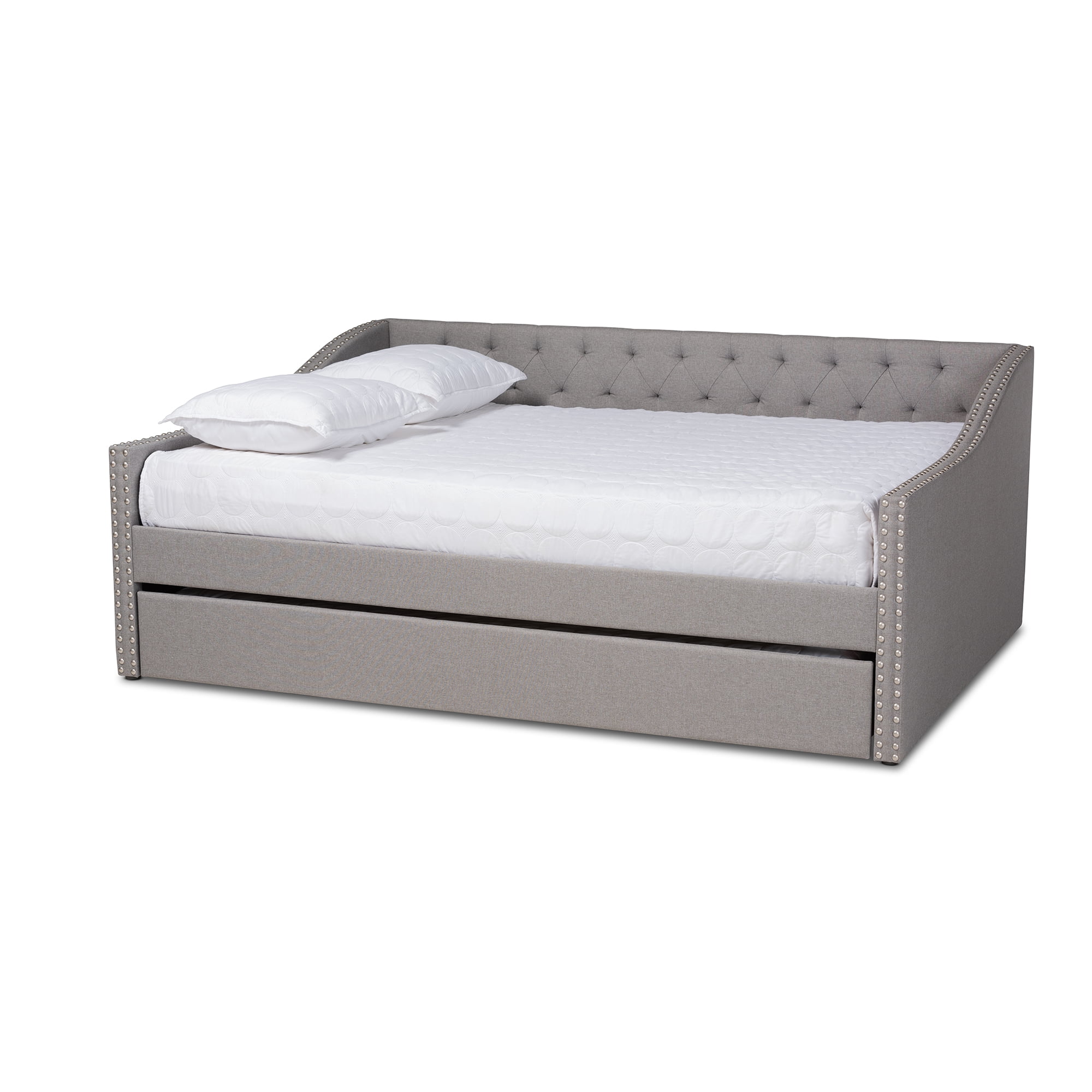 Baxton Studio Haylie Light Gray Upholstered Full Size Daybed with Roll-Out Trundle Bed
