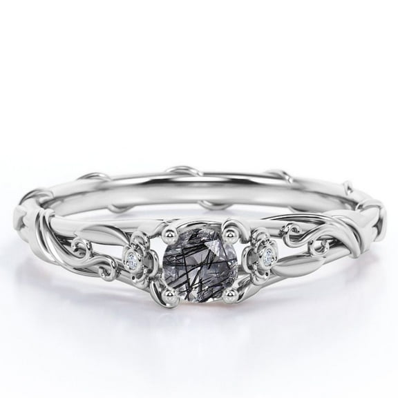 JeenMata Past Present Future Flower Bezel 0.5 Carat Round Cut Smokey Black Rutilated Quartz and Moissanite Vine Engagement Ring in 18K White Gold Plating over Silver