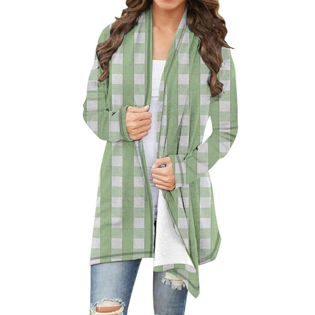 Women's Cardigan, Long Sleeve Plaid Print Casual Open Front Lightweight Jacket For Spring And Winter