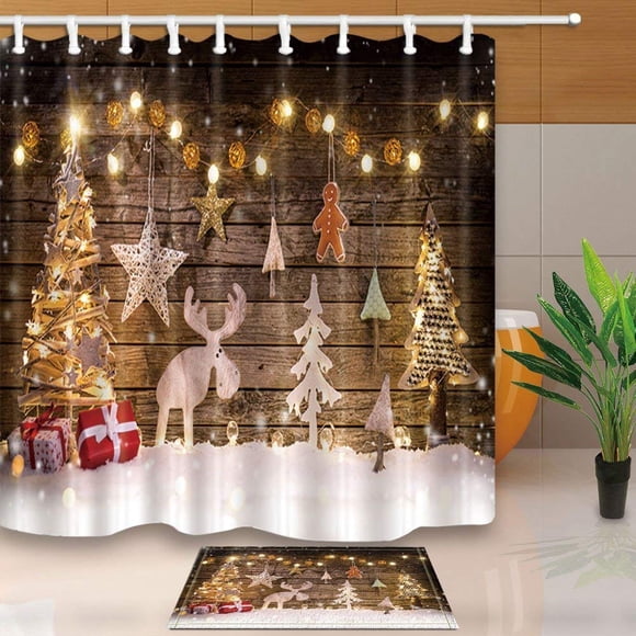 BOSDECO Décoration de Noël Cadeaux de Noël et Sapin Renne Guirlande Lumineuse contre Panneau de Bois Rideau de Douche 66x72 Pouces avec Paillasson de Sol Tapis de Bain 15.7x23.6 Pouces