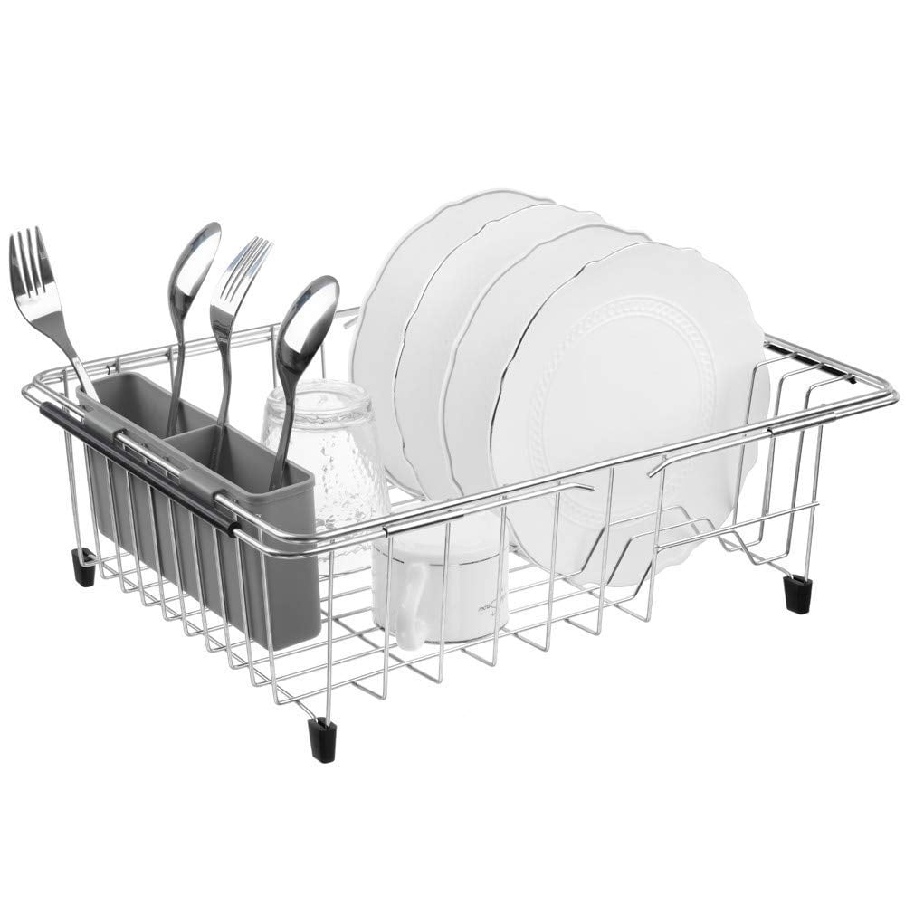 SNTD Dish Drying Rack, Kitchen Counter Dish Drainers Rack, Auto-Drain Expandable(132-197) Stainless Steel Large Strainers Over Sink Drying Rack Drainboard