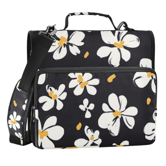 Zipper Binder Black Background White Flower 1.5 Inch Binder Folder Bag with Shoulder Strap and Handle
