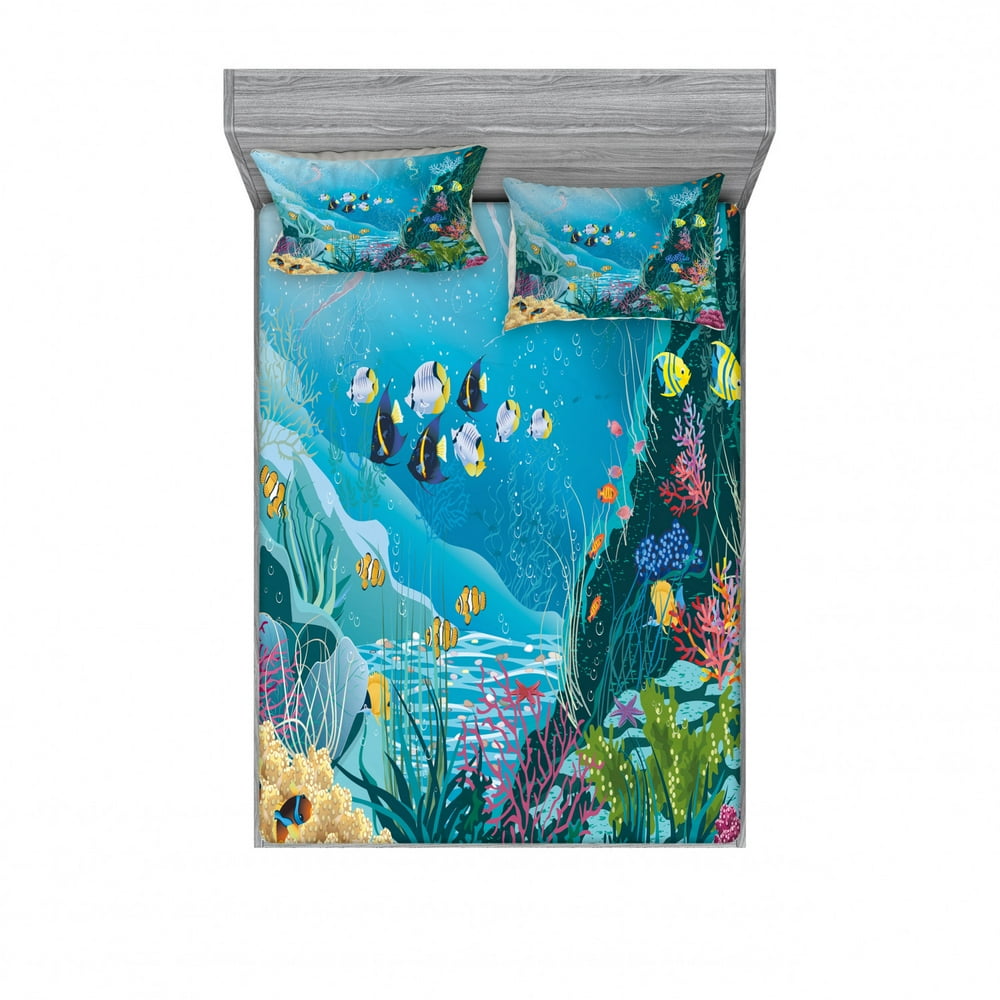 Fish Bedding Set with Sheet & Covers, Underwater Landscape with