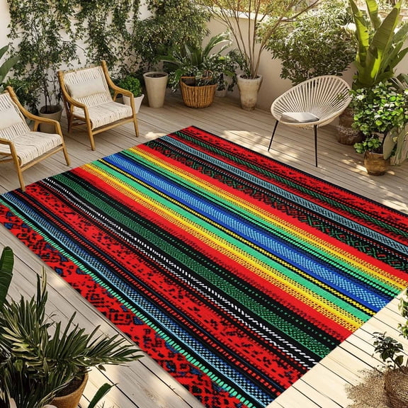 Fsddascl Boho Stripes Outdoor Rug for Patio/Deck/Porch, Non-Slip Large Area Rug 4 x 6 Ft, Rainbow Red Blue Blue Green Ethnic Pattern Indoor Outdoor Rugs Washable Area Rugs, Camping Rug Carpet