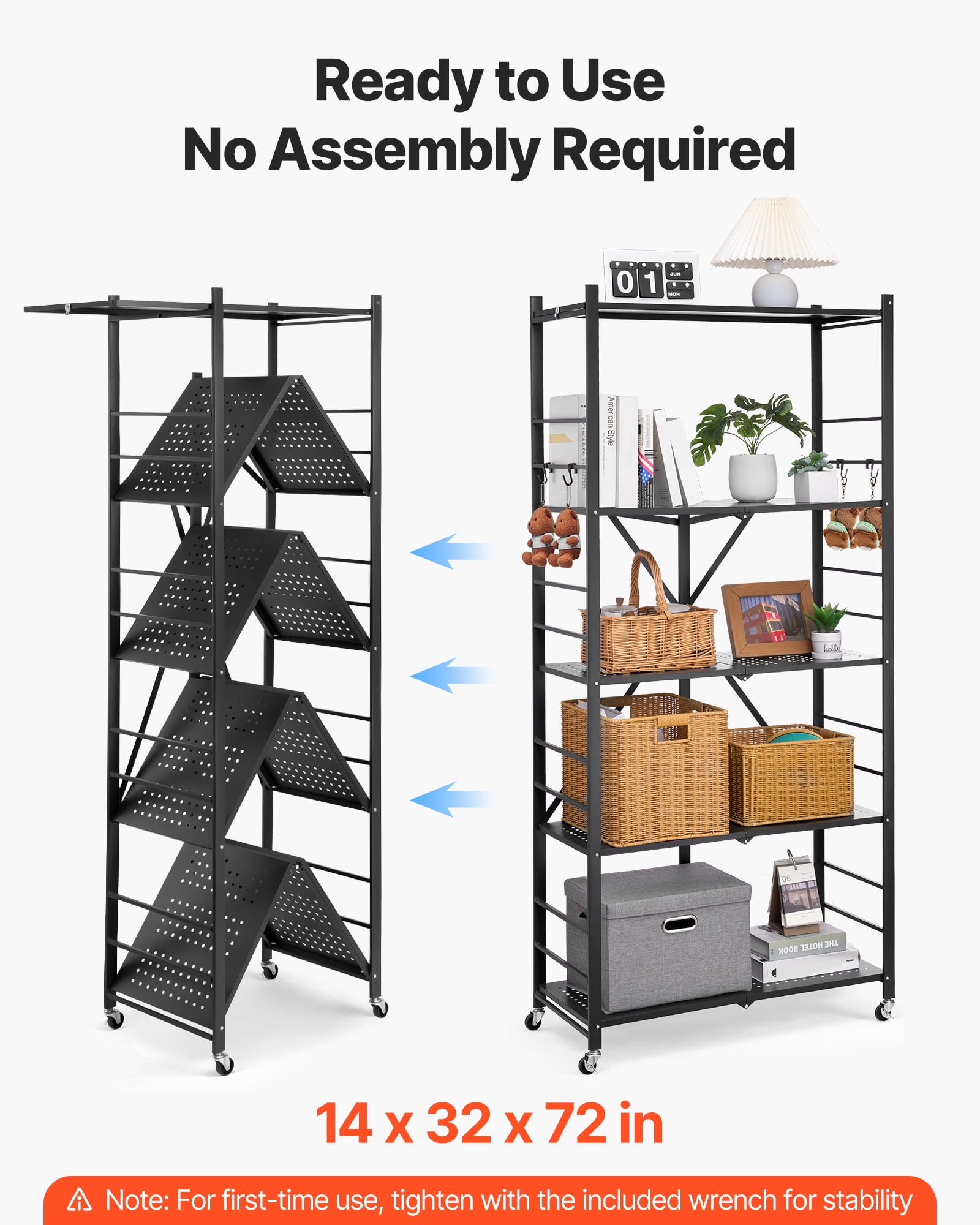 VEVOR 5-Tier Foldable Storage Shelf, 32W x 14D x 72H Inch Folding Metal Rack Shelving Unit, No Assembly Organizer Shelf with 5 Wheels & 4 Hooks for Pantry, Kitchen, Garage, Basement, Black