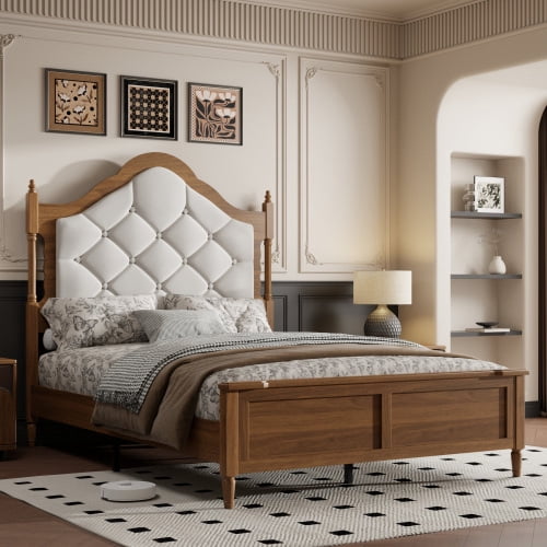 Full Size Bed Frame with Upholstered Headboard and Panel Footboard, Vintage Mid-Century Farmhouse Style, Brown Wood Platform Bed