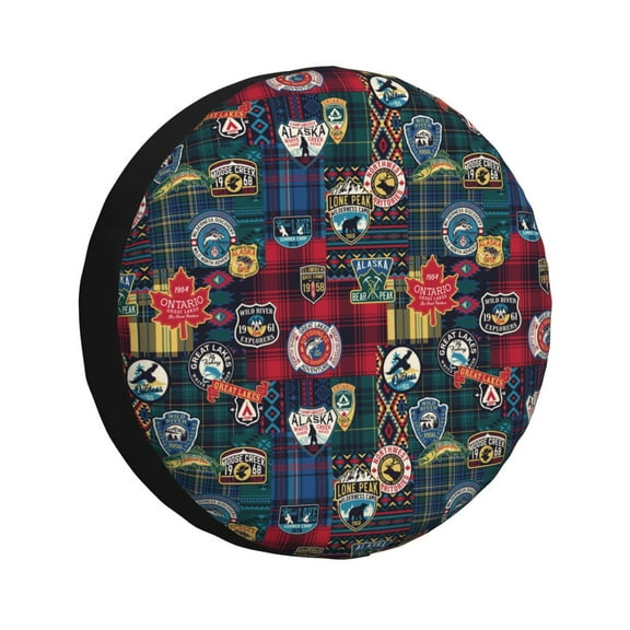 Fuzoiu Adventure Camping Badge Print Universal Spare Tire Cover with Buckle Strap, Waterproof Wheel Covers for Jeep, Trailer, RV, Truck and All Car-14 inch