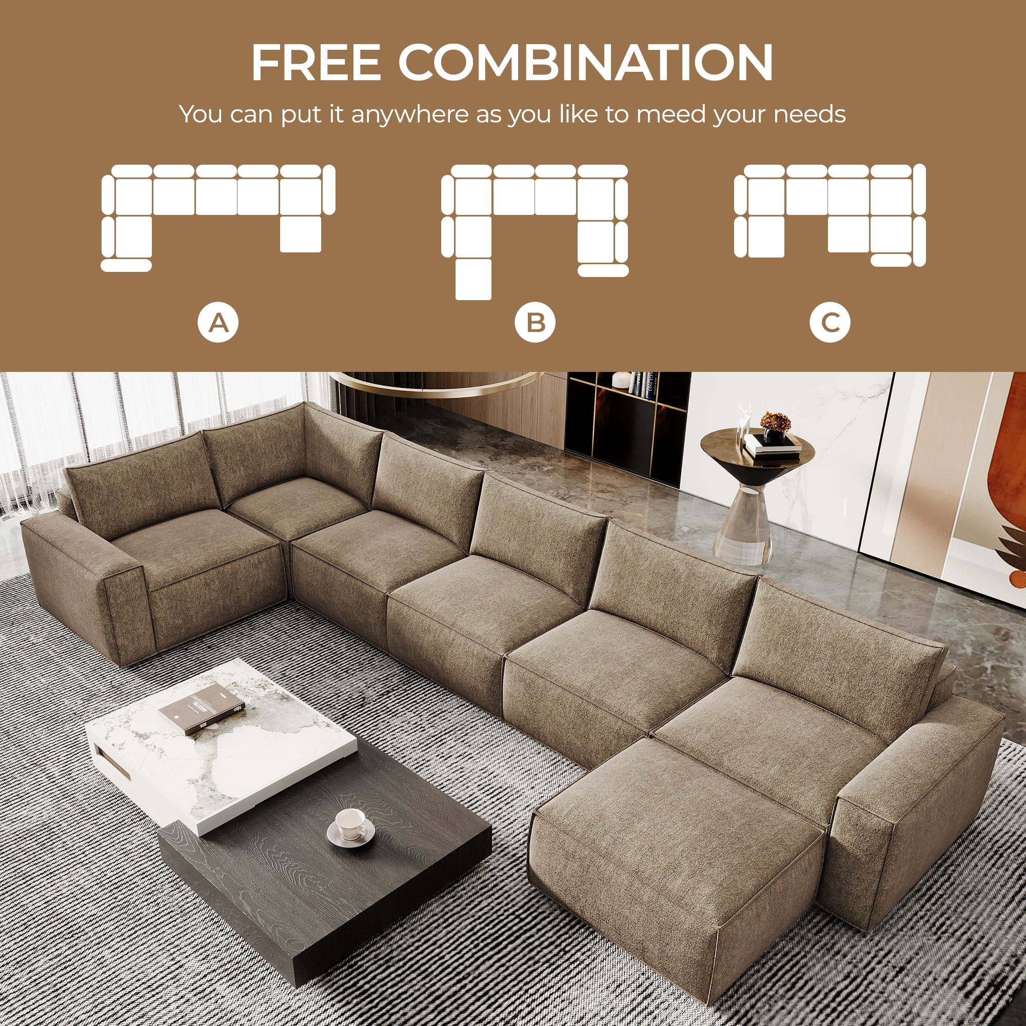 175" Oversized Boneless Couch for Living Room, Neche Modern Modular Sectional, Convertible, U Shaped, Deep Seat, Big Comfy Sofa Set with Ottoman,Brown