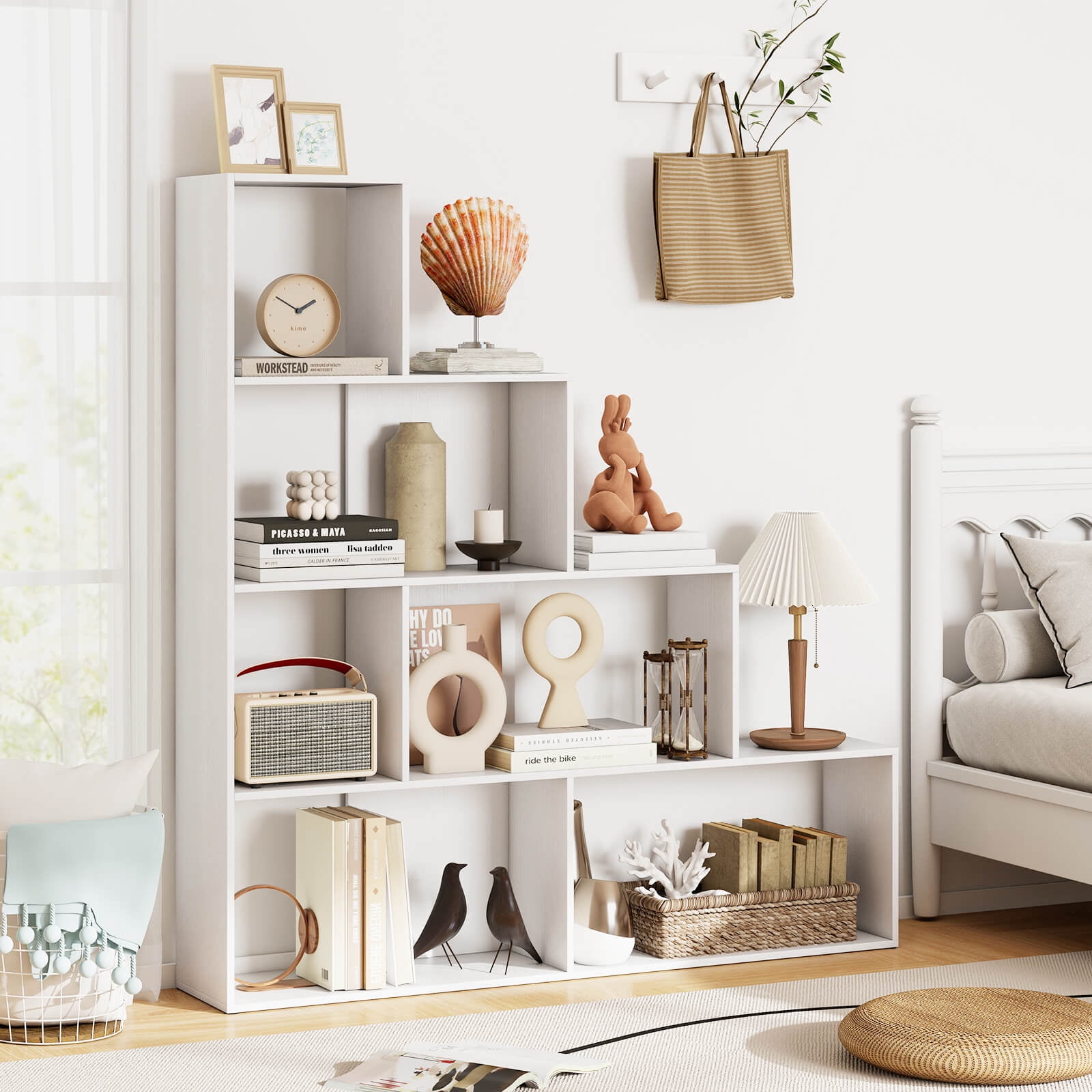 Costway 6 Cubes Ladder Shelf Freestanding Corner Bookshelf Storage Bookcase Display Rack White