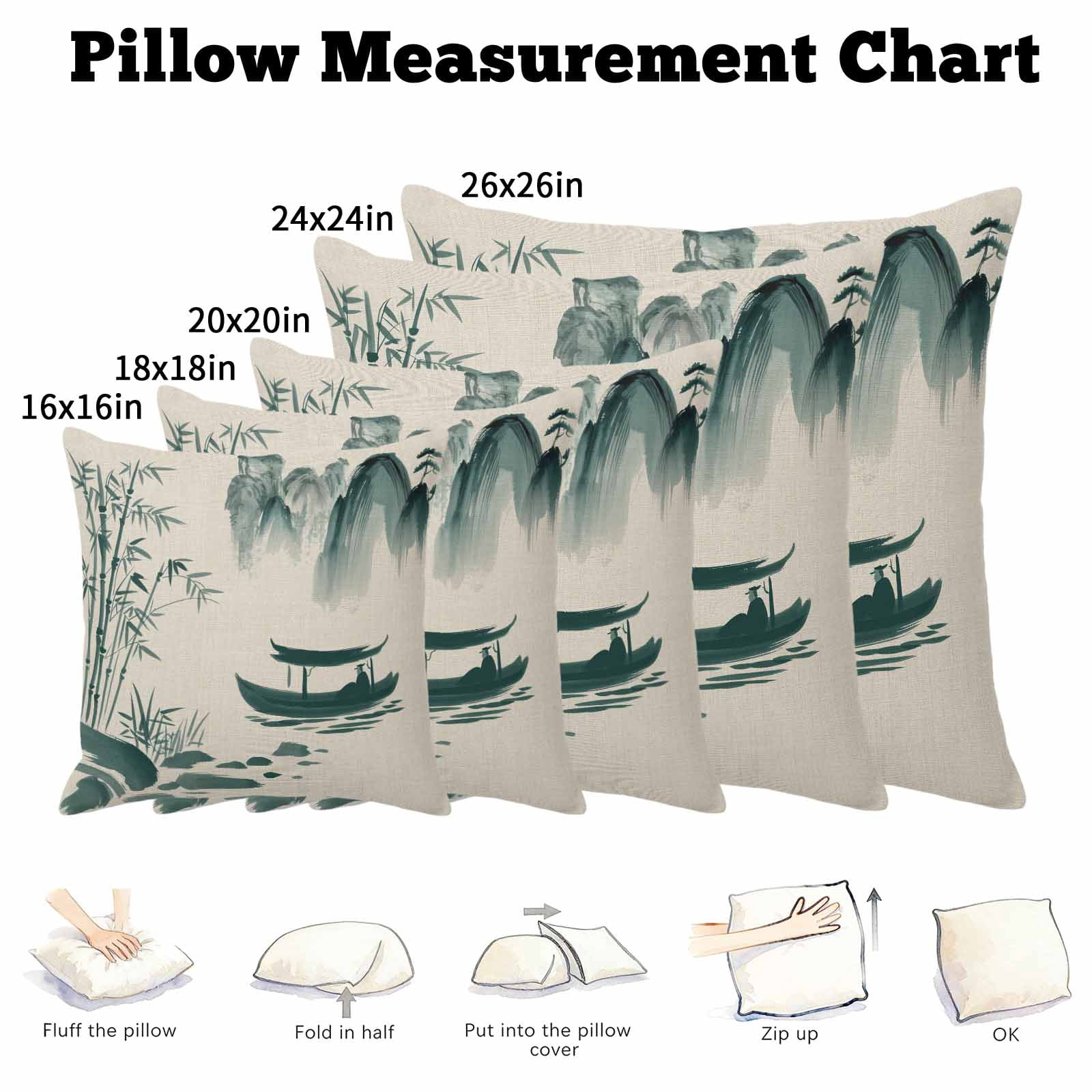 Throw Pillow Covers 26 x 26 Inch, Green Mountains Cotton Linen Pillows Cases, Modern Watercolor Nature Country Landscape Square Cushion Covers for Couch Sofa Bed