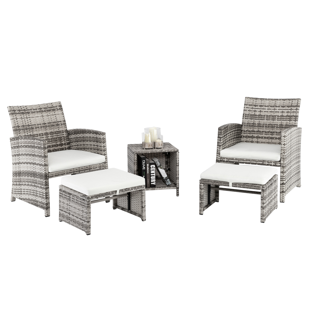 5Piece Wicker Patio Chair with Ottoman Set, BTMWAY Gray Cushioned Bistro Patio Set Rattan Deck Chair with Side Table, Cushioned Outdoor Furniture Set for Patio Porch, R258 - image 1 of 10