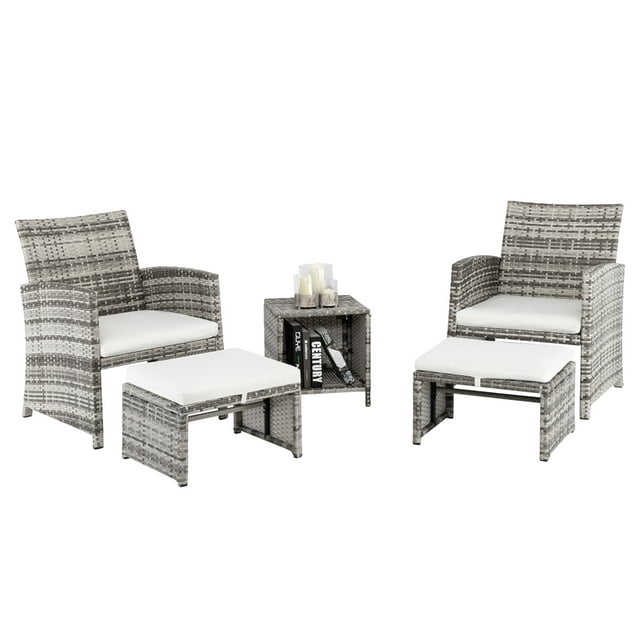 5Piece Wicker Patio Chair with Ottoman Set, BTMWAY Gray Cushioned Bistro Patio Set Rattan Deck Chair with Side Table, Cushioned Outdoor Furniture Set for Patio Porch, R258