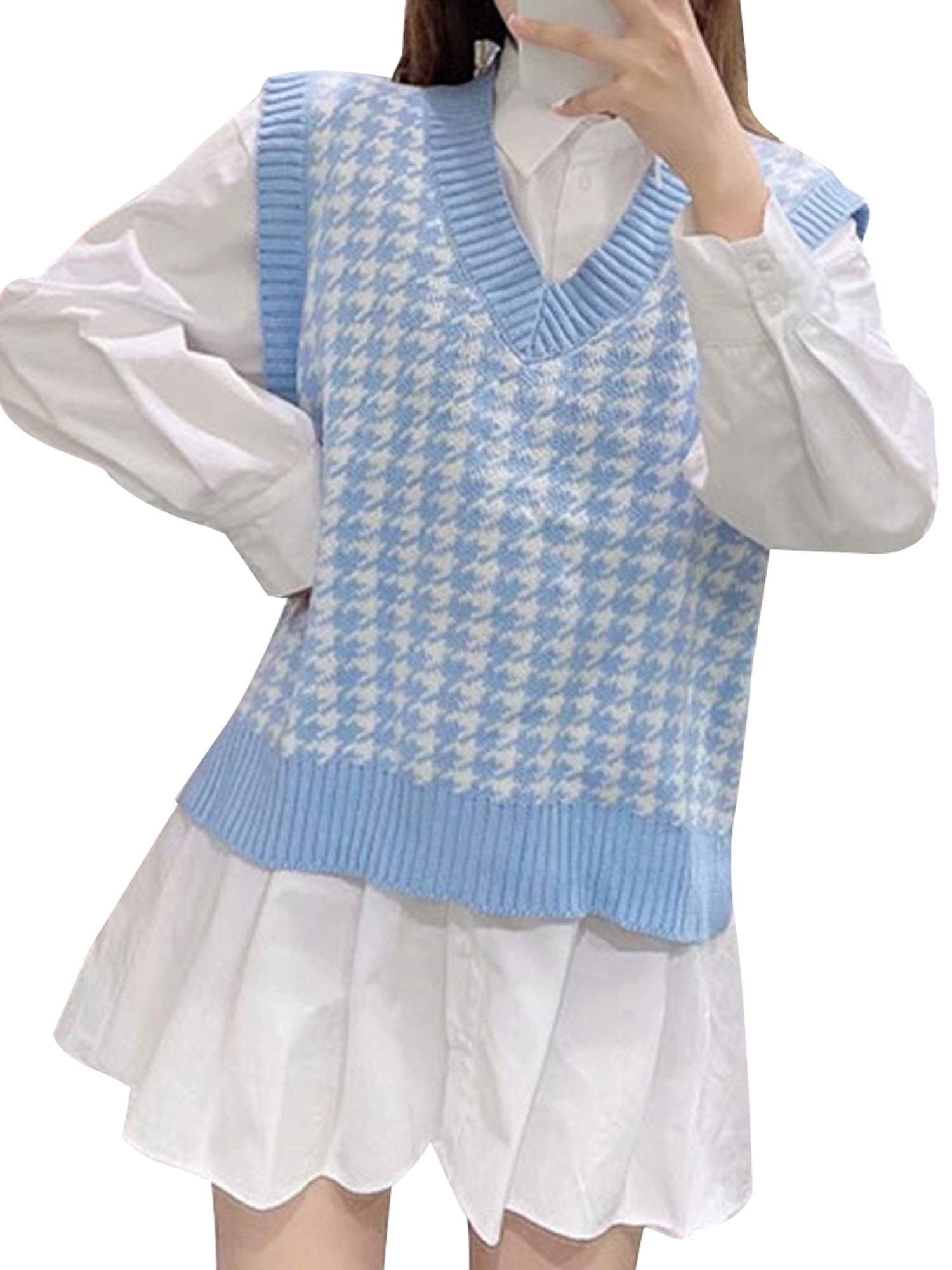 Lookwoild Women Preppy Style Knitwear Top V Neck Plaid Knitted Sweater Vest