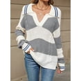 thumbnail image 2 of Womens Striped Lapel Loose Fall Winter V Neck Casual Long Sleeve Color Block Pullover Knit Sweater Gray White  XL, 2 of 6