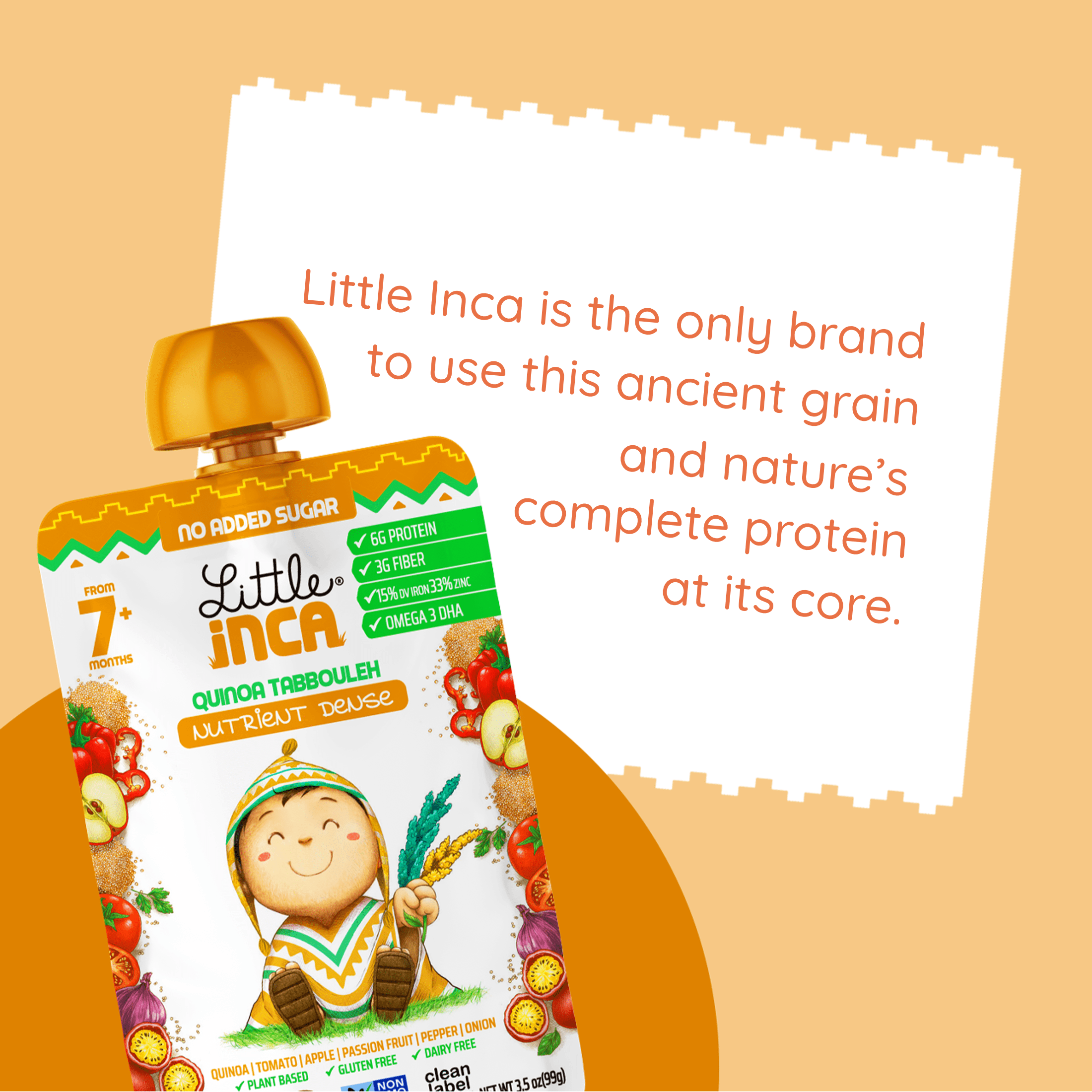 Little Inca Stage 2 Baby Food Pouches, Quinoa Tabbouleh Baby Puree, Plant Based High Protein, Dairy-Free, 6 x 3.5oz