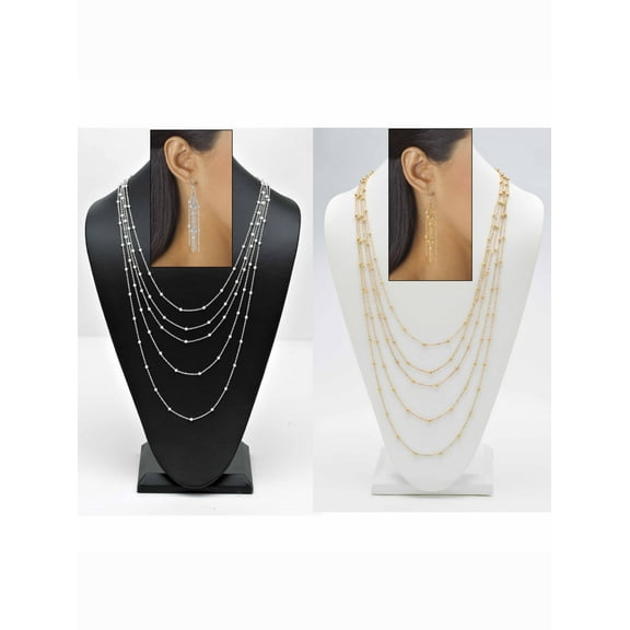 PalmBeach Jewelry Waterfall Beaded Necklace and Drop Earring Set in Goldtone with Bonus Set in Silvertone 34"-38"