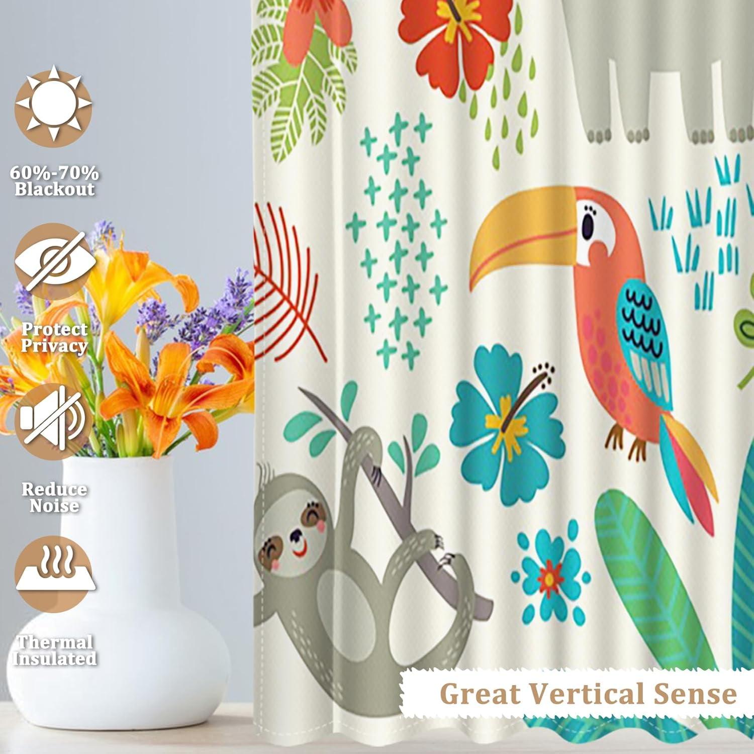 52 x 63 Inch Cartoon Animals Curtains Forest Woodland Giraffe Lion Tiger Nursury Linen Home Decoration Green Leaf Dinosaur Donkey Monkey Rod Pocket Window Drapes for Kids Bedroom 2 Panels