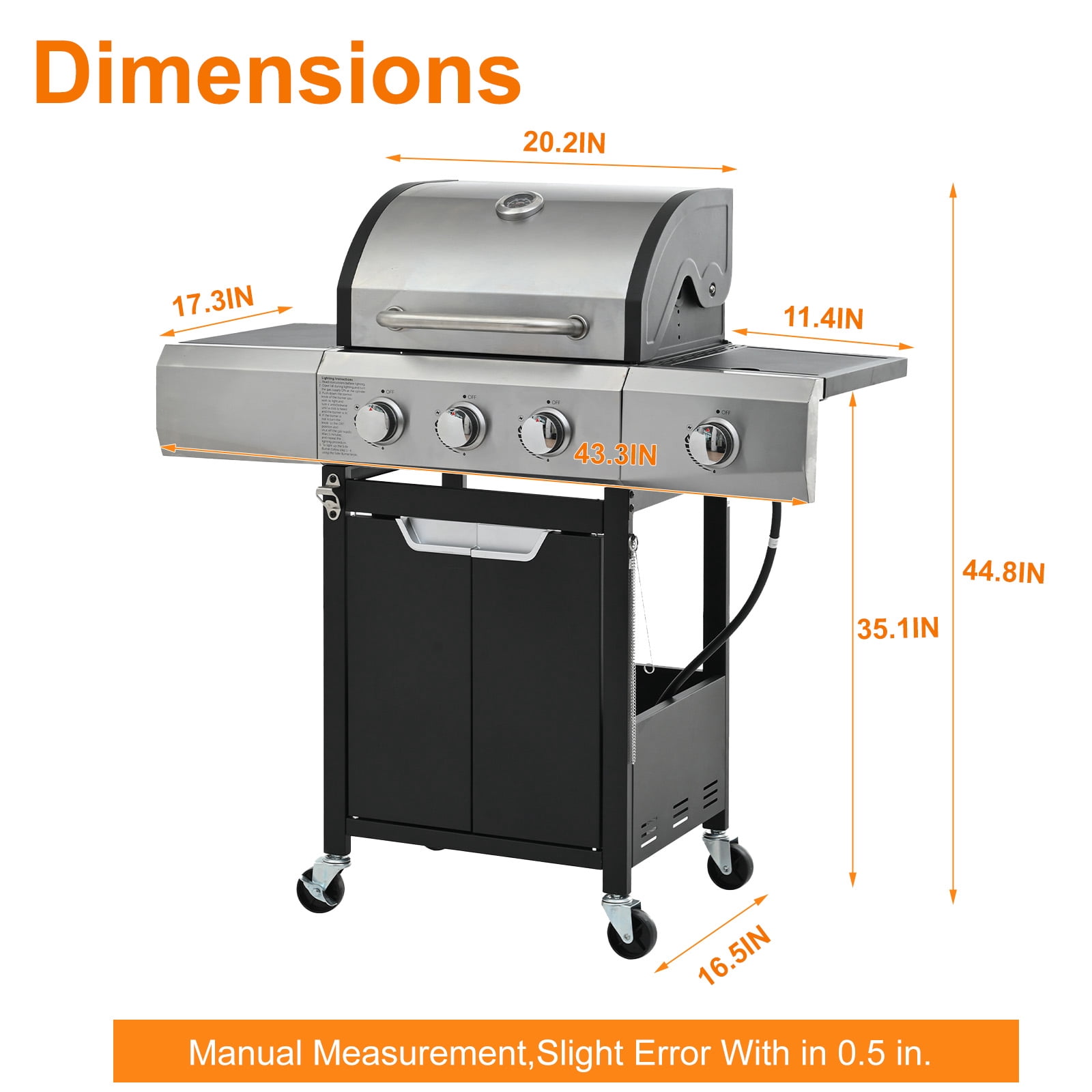 3 Burner Propane Gas Grill with Side Burner, 40500 BTU Stainless Steel Barbecue Grill for Outdoor, BBQ gas grill with Tool Holder, Wheels, and Bottle Opener