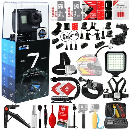 - GoPro HERO7 Black 4K 12MP Digital Camcorder w/ 48GB - 40PC Sports Action Bundle (2x 16GB Micro SD cards, Suction Cup Window Mount, High Power LED Light, X-GRIP Stabilizing Handle & More)
