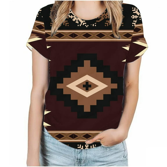 Wycnly Summer Tops for Women Tops for Women 2025 Plus Size Lightweight Vintage Western Graphics T Shirts Fashion Geometric Print T-shirt Girls Crewneck Short Sleeve Tee Top