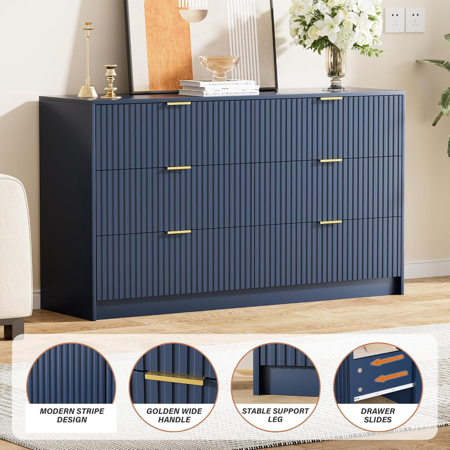 FURNIWAY Blue 6 Drawer Dresser for Bedroom, 55 Inch Wide Modern Chest of Drawers with Fluted Wood Front and Gold Metal Handles for Living Room Hallway