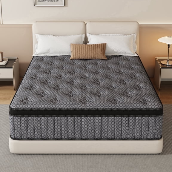 HIKOS 12 inch Queen Mattress in a Box, Cooling Gel Memory Foam Hybrid Mattress with Individually Wrapped Pocket Coils, Medium Firm Queen Size Mattress, Pressure Relief for Adult