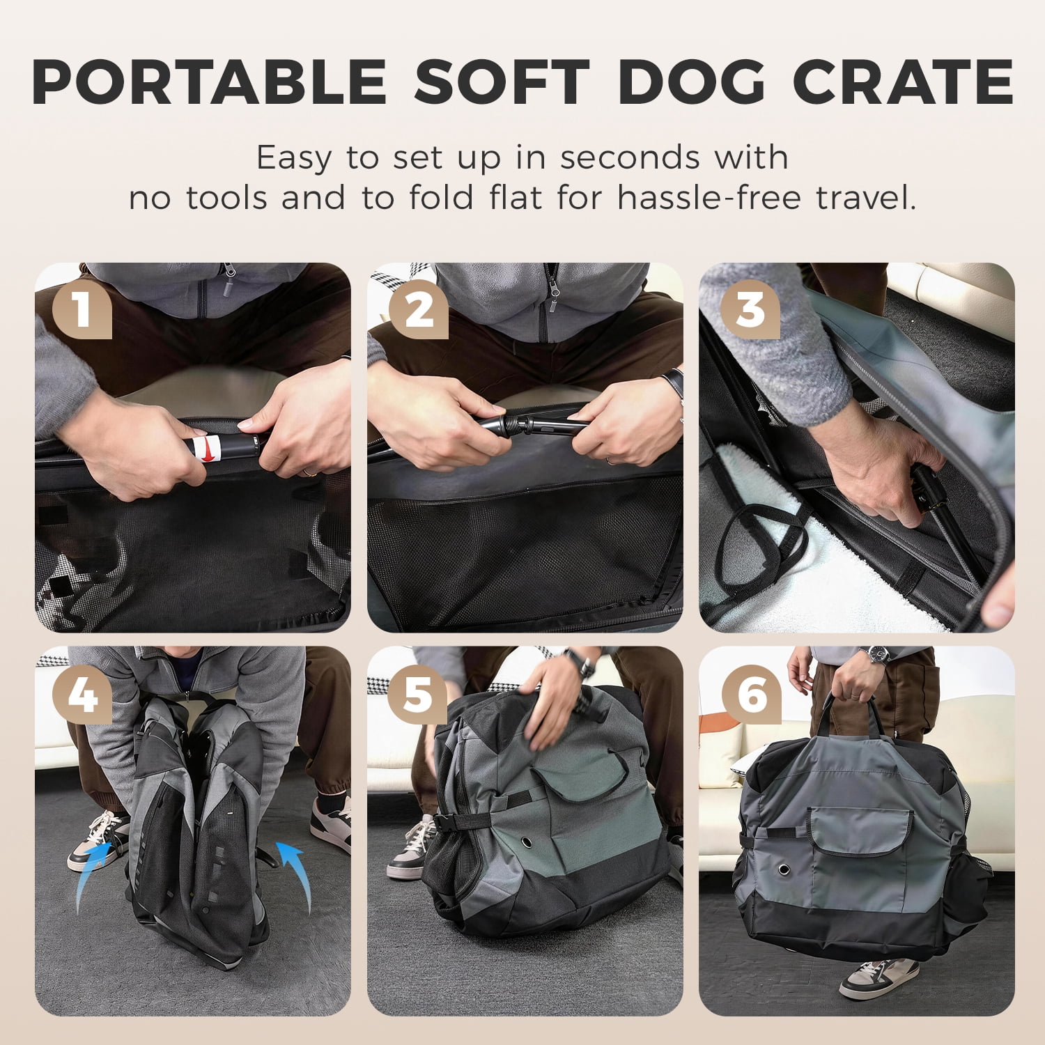 Petsee Collapsible Dog Crate - Portable Travel Kennel for Extra Large Dog, 4-Door Pet Crate with Mesh Windows, Indoor & Outdoor, Beige & Gray