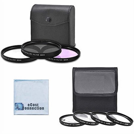 52mm High resolution Pro series Multi Coated HD 3 Pc. Digital Filter Set + 52mm Pro Series High Quality 4pc HD Macro Close Up Filter Set +1 +2 +4 +10 for Most Cameras + eCostConnection Microfiber