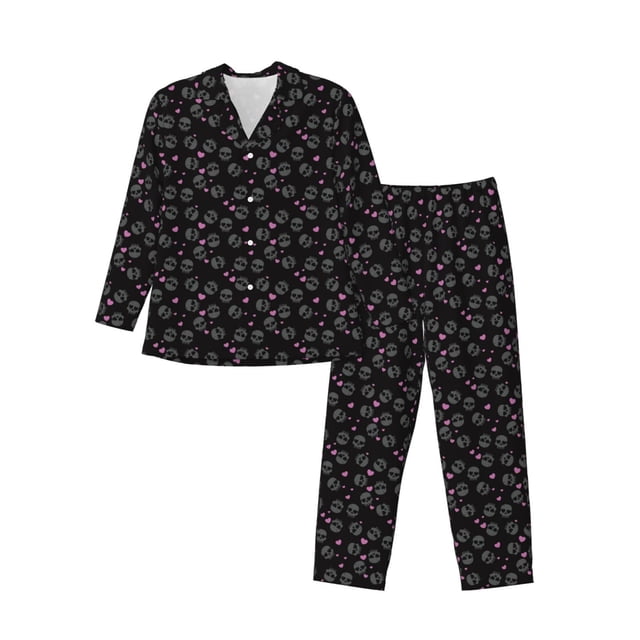 Balery Cool Skull Love Pijama para Hombre de Dos Piezas con Manga Larga, Conjunto de Dormir y Descanso Suave con Bolsillos-X-Large