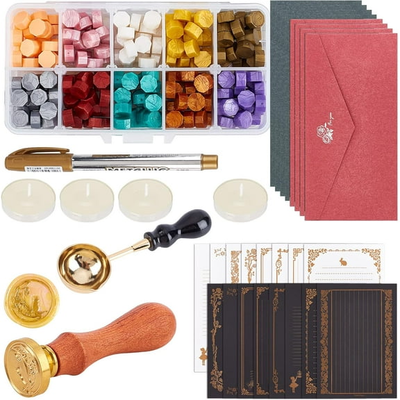 Wax Seal Kit 300PCS Wax Seal Beads 10 Colours with Wax Melting Spoon Cat Wax Seal Stamp Candles Marking Pens and Envelopes Set for Invitation Cards Gift Decoration DIY