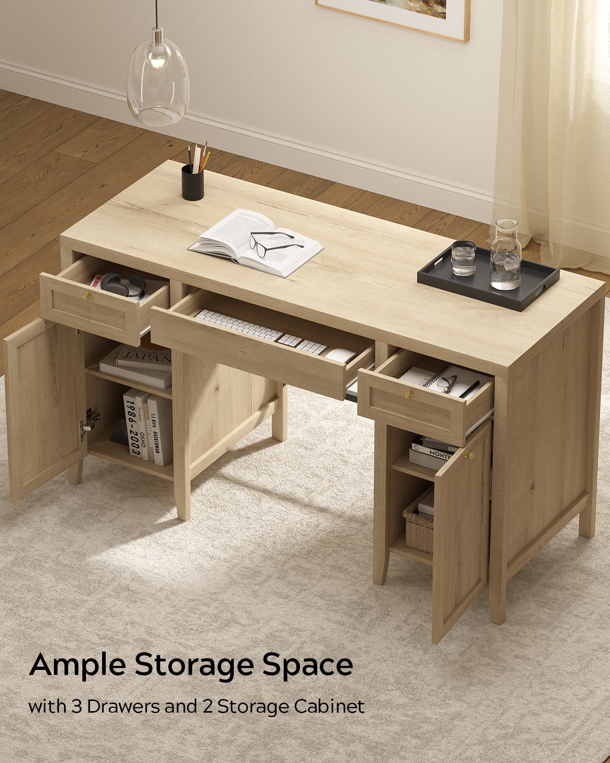 EYYTHUNG 52" Large Executive Desk with Drawers, Farmhouse Wooden Home Office Desk with Storage Cabinet, Modern Computer Writing Desk for Work Study, Workspace, Light Oak