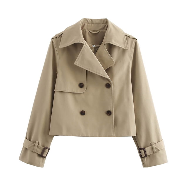 Women's Casual Short Trench Coat, Double Breasted Lapel Drawstring Jacket with Windproof Lightweight Design for Spring and Autumn Wear, Versatile Outerwear for Daily Activities Beach Vacations Khaki