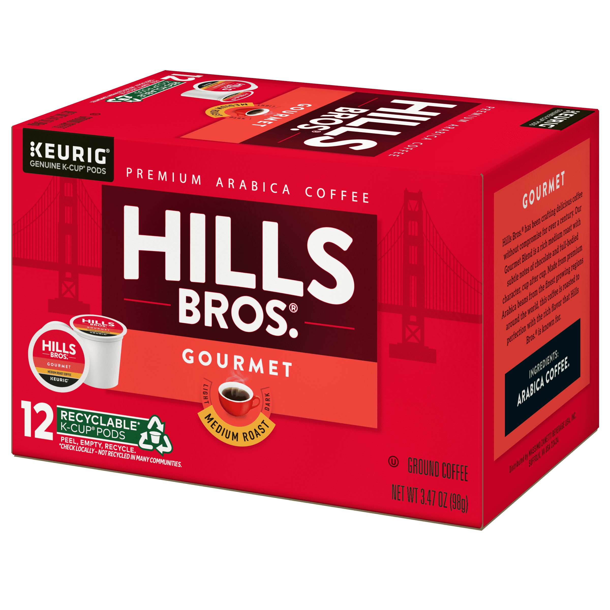 Hills Bros. Gourmet Blend 100% Arabica Medium Roast, K-Cup® Coffee Pods, 12-Count Box