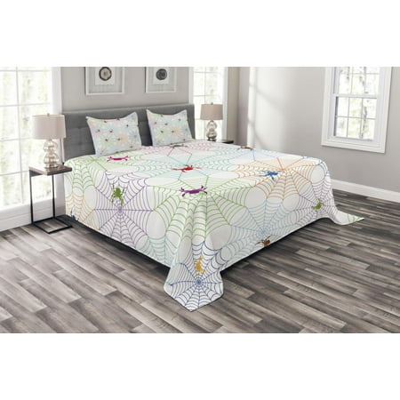Spider Web Bedspread Set, Colorful Networks and Characters Tile Design Graphic Art Cute Abstract Insects, Decorative Quilted Coverlet Set with Pillow Shams Included, Multicolor, by