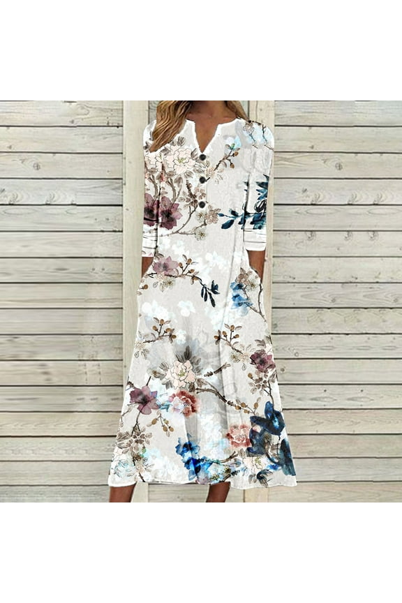 Miss Dress Fall Clothes Fashion Women Casual Round Neck Flowers Printing Summer Short Sleeve Pockets Dress