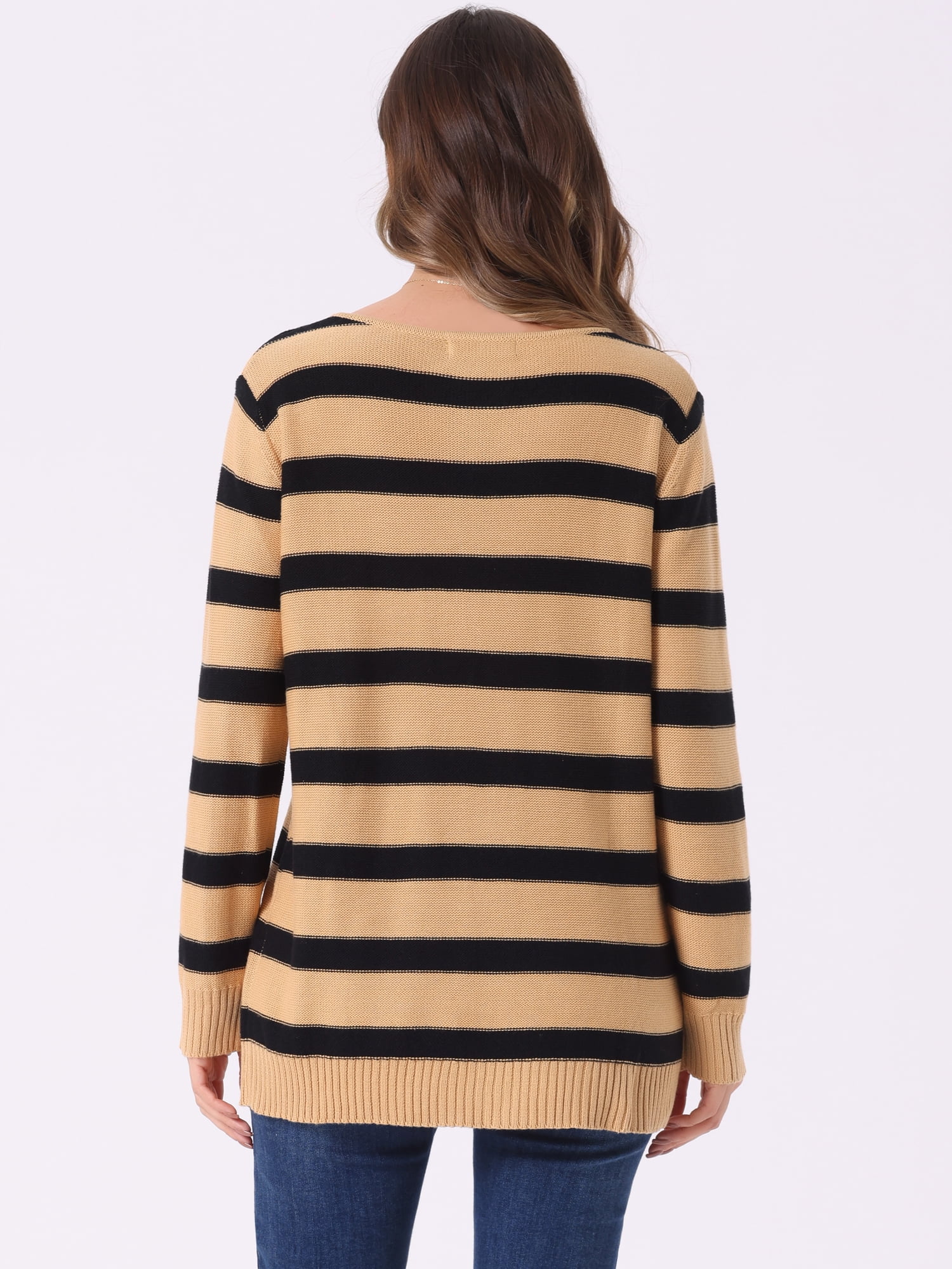 DARING DIVA Striped Round Neck Drop Shoulder Loose Sweater L Khaki